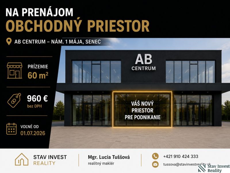 Obchodní prostory k pronájmu v AB Centrum, nám. 1. máje, Senec, s výměrou 60 m².