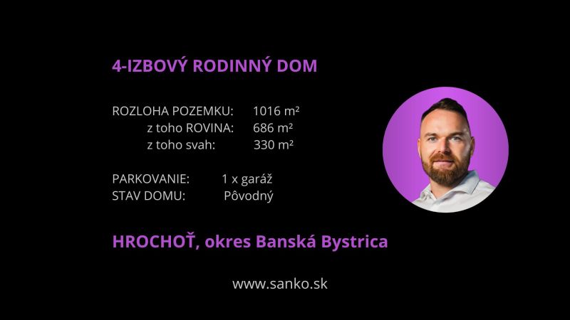 4pokojový rodinný dům v Hrochoti, Na záhumnie, rozloha pozemku 1016 m², původní stav.