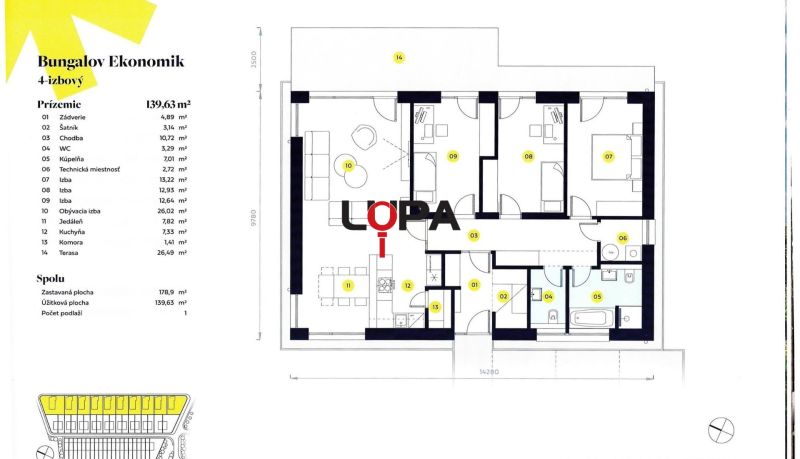 Půdorys 4-pokojového bungalovu s terasou v Nových Zámcích zahrnuje obytné a technické místnosti.