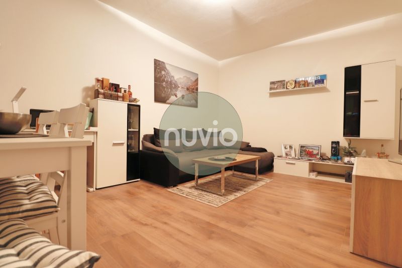 Obývací pokoj ve 2-pokojovém bytě s pohovkou a podlahou s dřevěným dekorem.