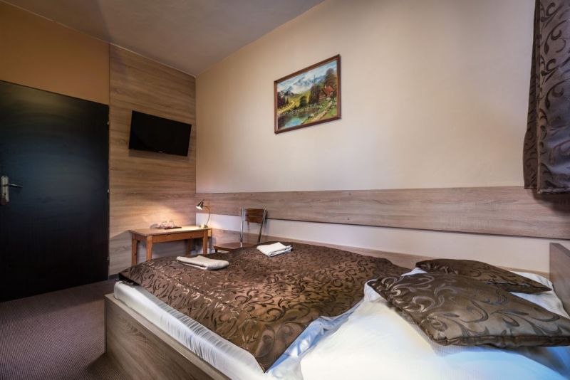 Pokoj v hotelu s postelí, dekorativní přikrývkou a televizí na stěně.