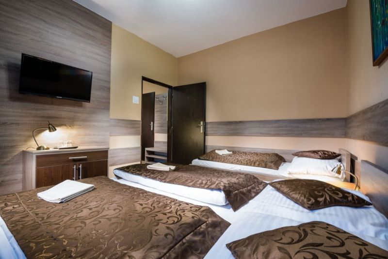 Pokoj s podlahou s dřevěným dekorem, postelemi a televizorem v hotelu a penzionu.