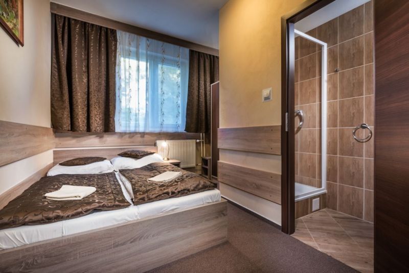 Pohodlný pokoj s postelí, koberec, koupelna v hotelu a penziony.