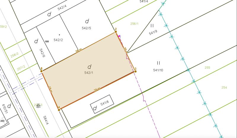 Katastrální mapa pozemků v Gôtovanech, zvýrazněné rekreační pozemky s parcelním číslem.