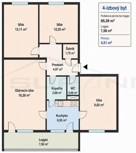 Půdorys 4-pokojového bytu se šatnou, lodžií a sklepem. Celková plocha 69,39 m².