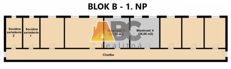 Půdorys kanceláří bloku B na 1. NP se zázemím a chodbou v Kancelářích.