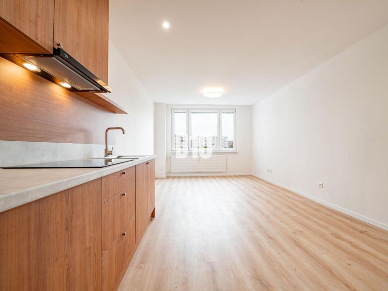 Kuchyně ve 3-pokojovém bytě s podlahou s dřevěným dekorem, minimalistický design.