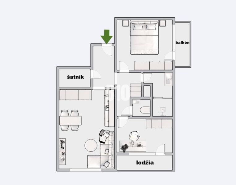 Půdorys 3-pokojového bytu s balkonem, lodžií, koupelnou a šatnou.