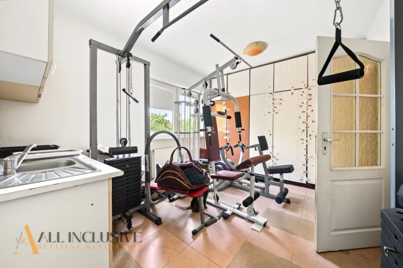 Fitness zařízení v rodinném domě s posilovacími stroji a umyvadlem.