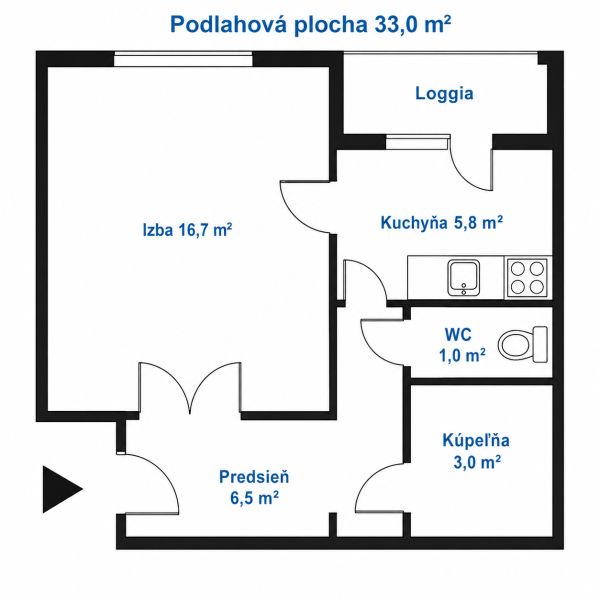 Půdorys 1-pokojového bytu s lodžií, kuchyní, koupelnou a předsíní.