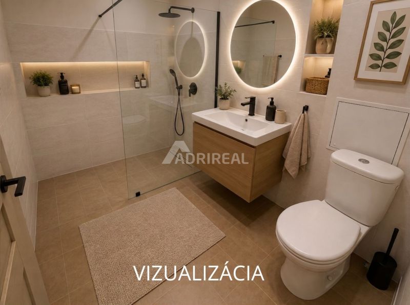 Moderní koupelna s dřevem, sprchovým koutem, osvětleným zrcadlem a dekorativními prvky v 2pokojovém bytě.