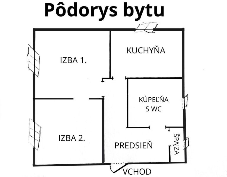 Půdorys 2-pokojového bytu: pokoje, kuchyň, koupelna s WC a spíž.