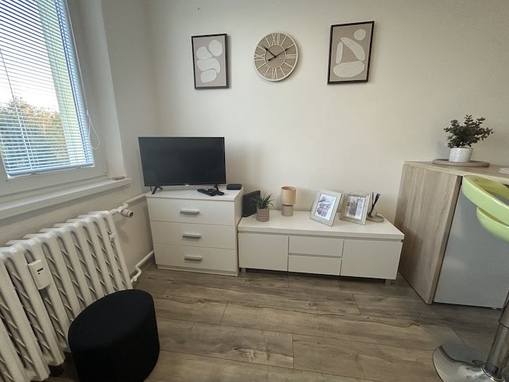 Garsonka s podlahou s dřevěným dekorem, bílým nábytkem a dekoracemi na stěně.
