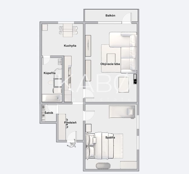 Půdorys 2-pokojového bytu s balkonem: kuchyň, obývací pokoj, koupelna, ložnice.