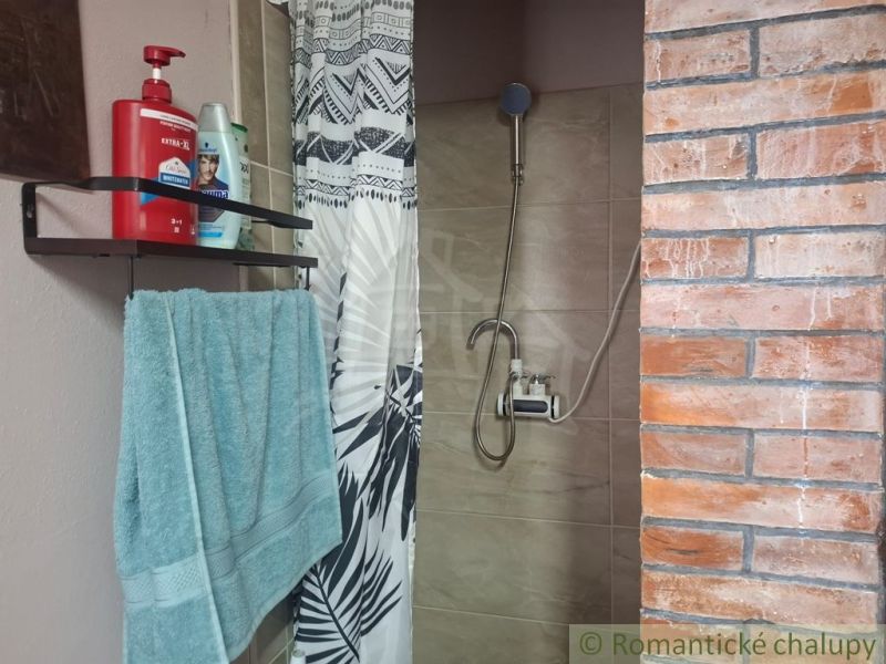 Koupelna v chatě s cihlovou stěnou, sprchou a koupelnovými doplňky.