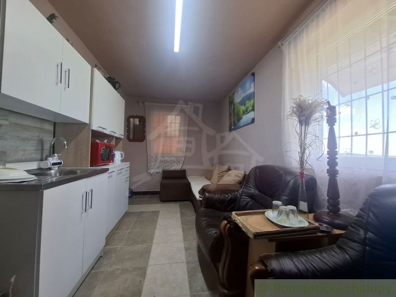 Kuchyňská linka v chatě s pohovkami a dekorací, podlaha s dřevěným dekorem.