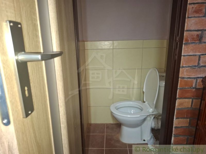 Toaleta s obkladem a cihlovou stěnou v interiéru chaty.
