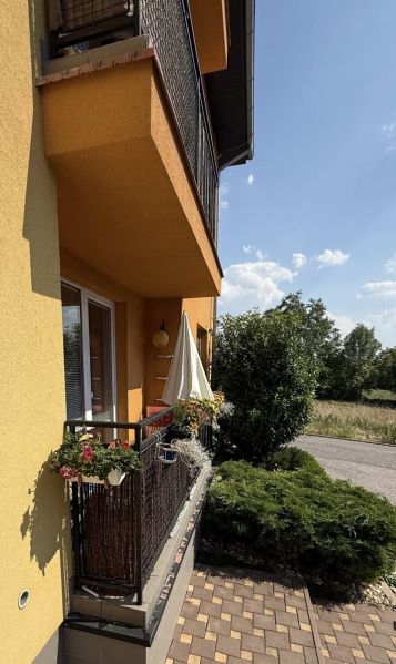 Balkón 3-pokojového bytu ve Velkém Lapáši se zábradlím plným květin.