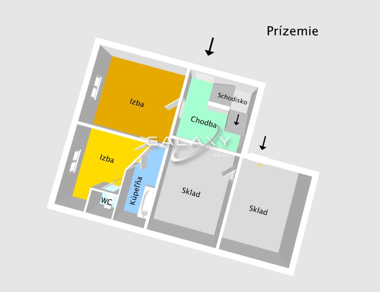 Půdorys přízemí rodinného domu v Hajnáčce s pokoji, koupelnou a sklady.