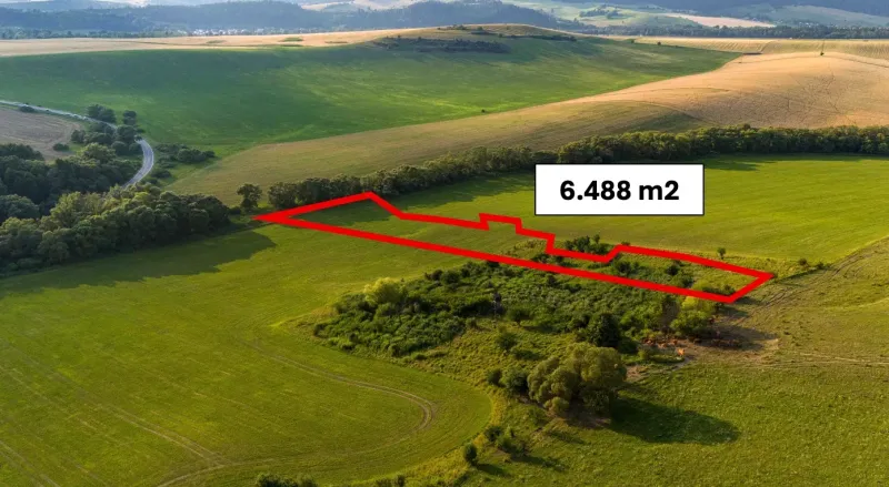 Louka se zvýrazněným pozemkem v Liptovském Trnovci mezi Zvláštními nemovitostmi, přírodní krajina, kopce.