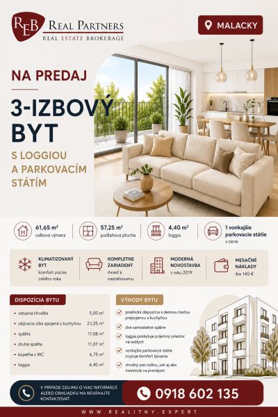 Nabídka 3-pokojového bytu v Malackách s lodžií a parkováním, celková plocha 61,65 m².