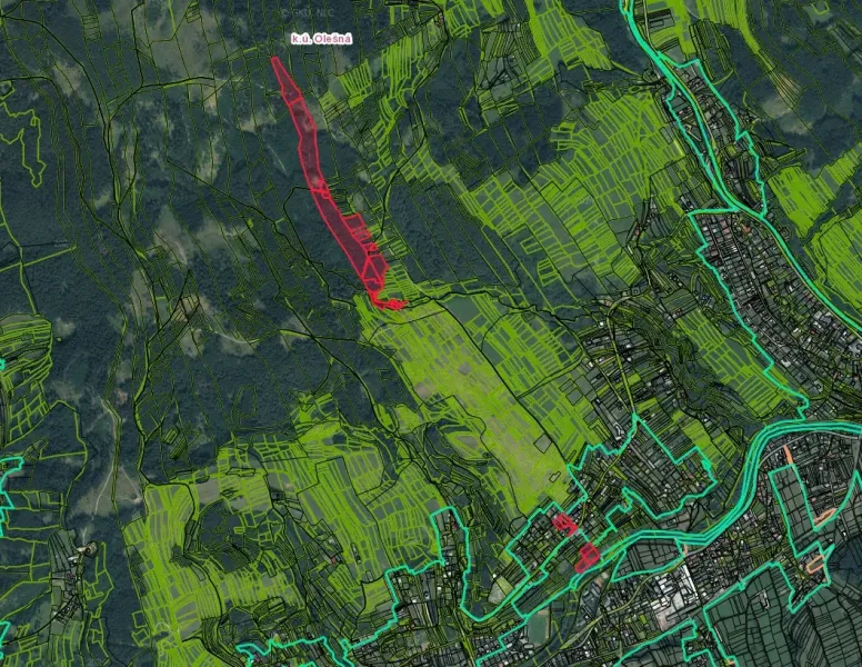 Mapa zemědělských a lesních pozemků v Olešné se zvýrazněnými oblastmi.