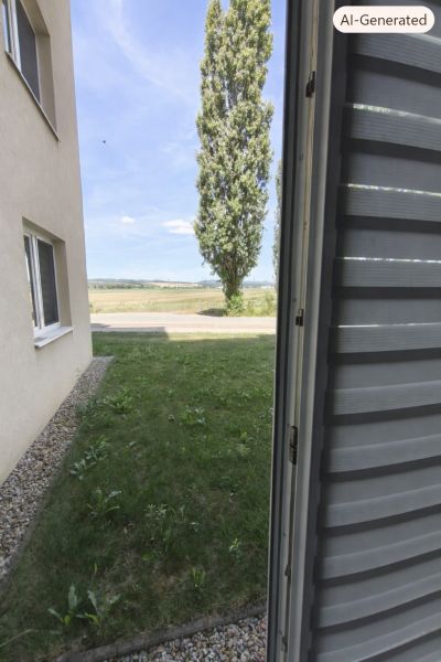 Pohled z okna na trávník a strom u 1-pokojového bytu ve Zlatých Moravcích.