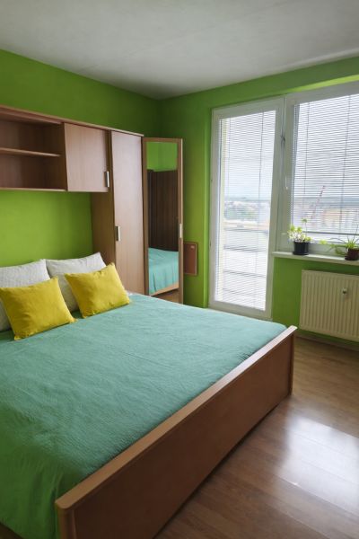 Zelená ložnice s postelí a skříní na dřevěném dekoru ve 3-pokojovém bytě.