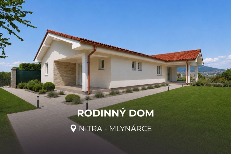 Rodinný dům na Polní ulici v Nitře s rozsáhlým trávníkem a dlažbou.
