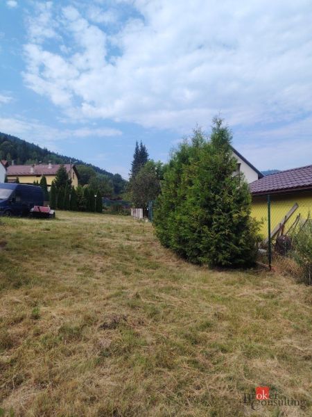 Rodinný dům na Agátové ulici v Gelnici obklopený jehličnany a trávníkem.