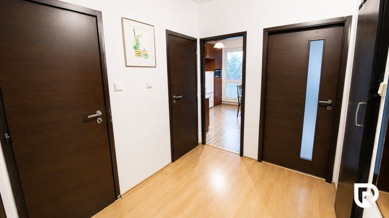 Chodba 2pokojového bytu s podlahou s dřevěným dekorem a třemi tmavými dveřmi.