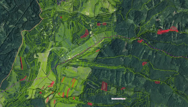 Satelitní mapa zemědělských a lesních pozemků v oblasti Ľubica.