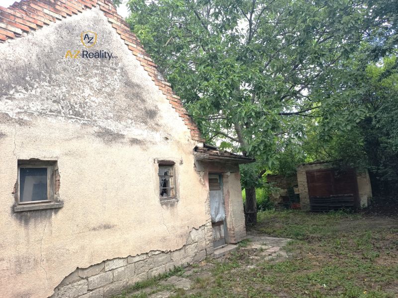 Starší rodinný dům v Nových Zámcích obklopený zelení s poškozenými stěnami.