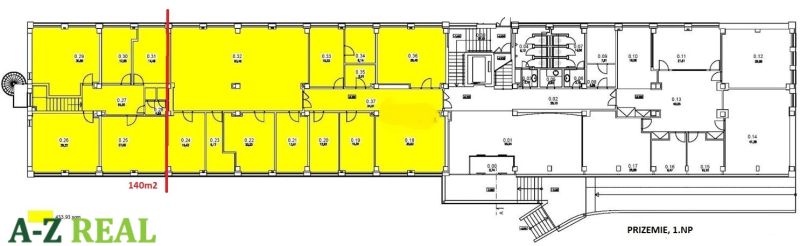 Půdorys kanceláří s vyznačeným prostorem 140 m² k pronájmu.