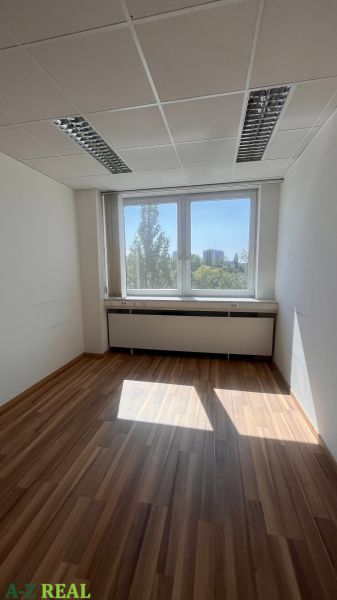 Kanceláře s velkým oknem a podlahou s dřevěným dekorem.