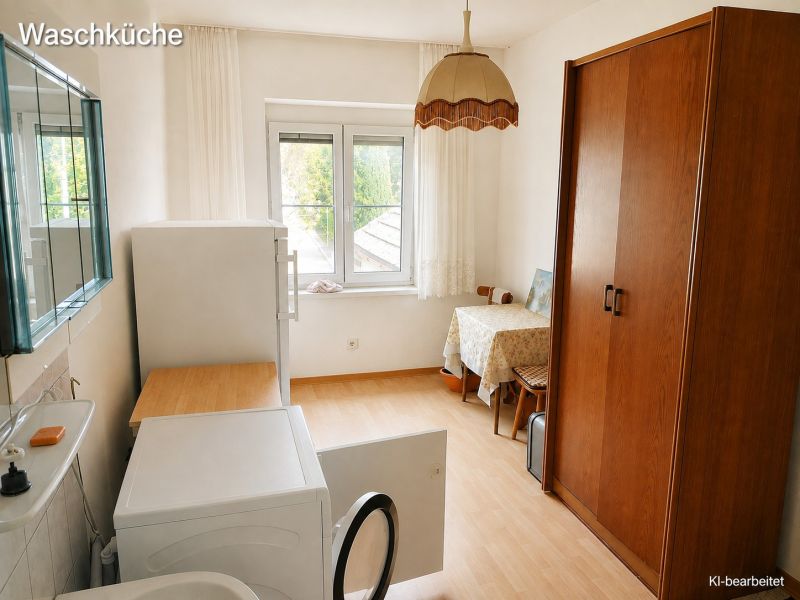Prostorná prádelna v rodinném domě s podlahou s dřevěným dekorem.