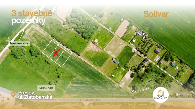 Pozemky k bydlení na Zlatobanské ulici v Prešově, obklopené zelení a soukromou cestou.