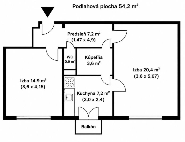 Půdorys 2-pokojového bytu s plochou 54,2 m², balkonem a kuchyní.
