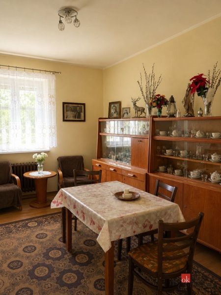 Tradiční jídelna v rodinném domě s vitrínou a kobercem na podlaze s dřevěným dekorem.