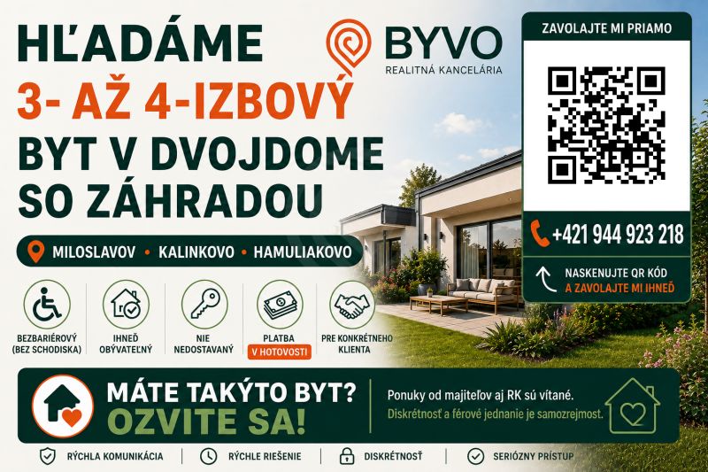 Realitní kancelář hledá 3- až 4-pokojový byt v dvojdomě se zahradou v Miloslavově.