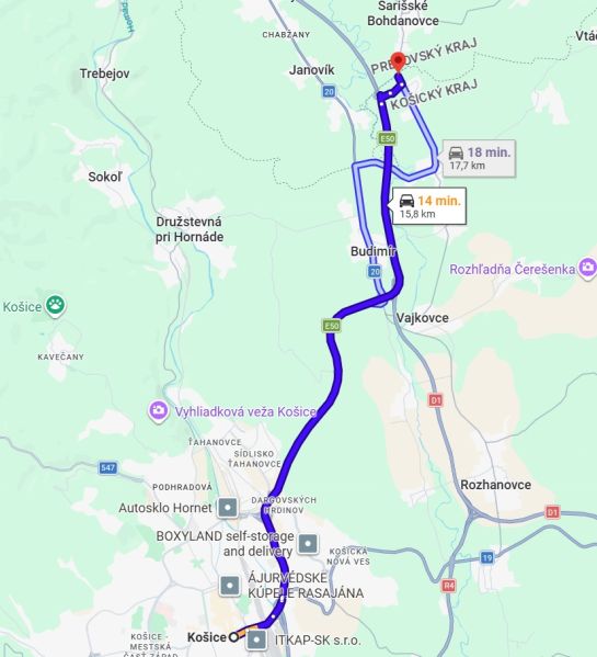 Mapa trasy mezi Košicemi a oblastí u Nové Polhory, určená pro cestování autem.