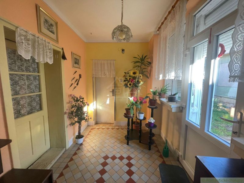 Interiér rodinného domu s dlažbou, květináči a krajkovými záclonami.