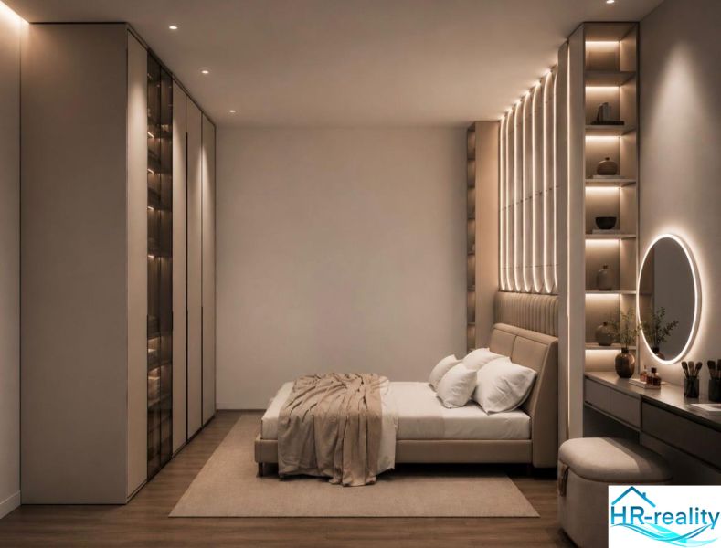 Ložnice s postelí a podlahou s dřevěným dekorem v rekreačním apartmánu.