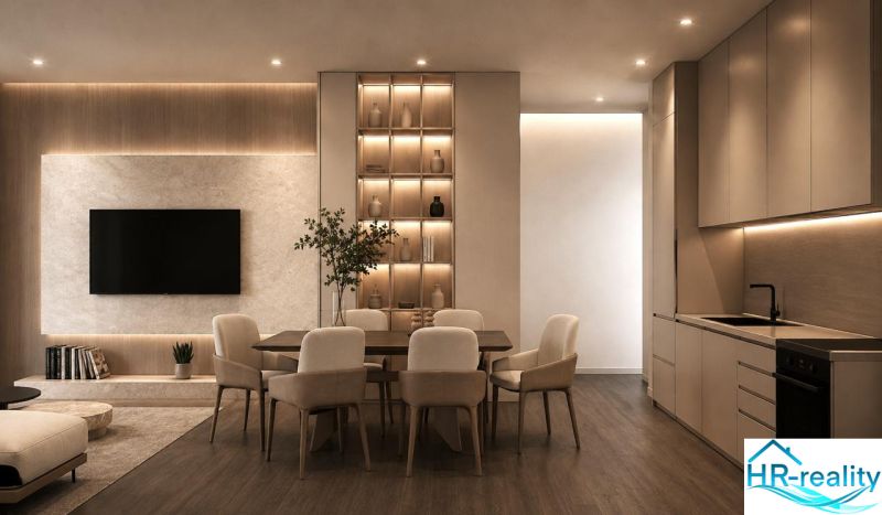 Stylový interiér rekreačního apartmánu s podlahou s dřevěným dekorem a vkusným osvětlením.