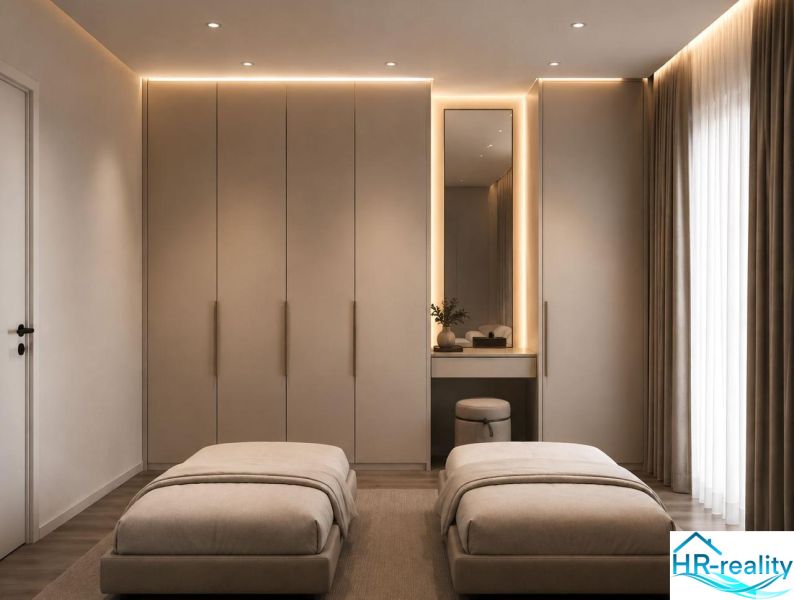 Pokoj rekreačního apartmánu s velkými skříněmi, dvěma postelemi a elegantním osvětlením.