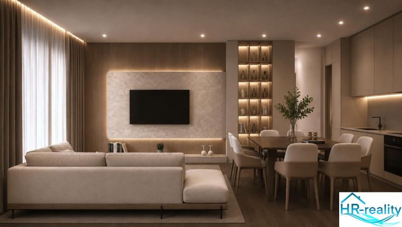 Interiér rekreačního apartmánu s pohovkou, televizí a podlahou s dřevěným dekorem.