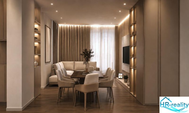 Interiér rekreačního apartmánu s pohodlným posezením, jídelním stolem a podlahou s dřevěným dekorem.