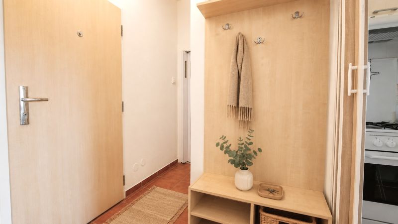 Vstupní chodba s věšákovou stěnou, rostlinou a kuchyňským koutem v 2-pokojovém bytě.