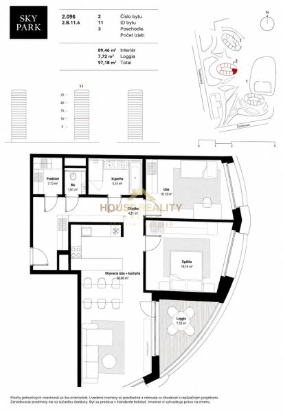 Půdorys 3-pokojového bytu s lodžií na ulici Továrenská v projektu Sky Park.