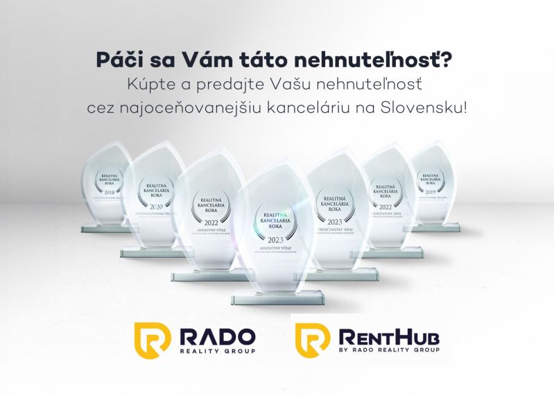Ocenění realitní kanceláře RADO Reality Group s logem RentHub, text inzeruje služby.